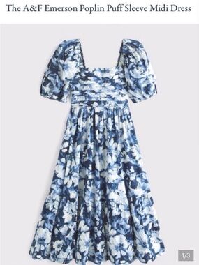 Abercrombie & Fitch Emerson Poplin Puff Sleeve Midi Dress blue Floral Small Tall